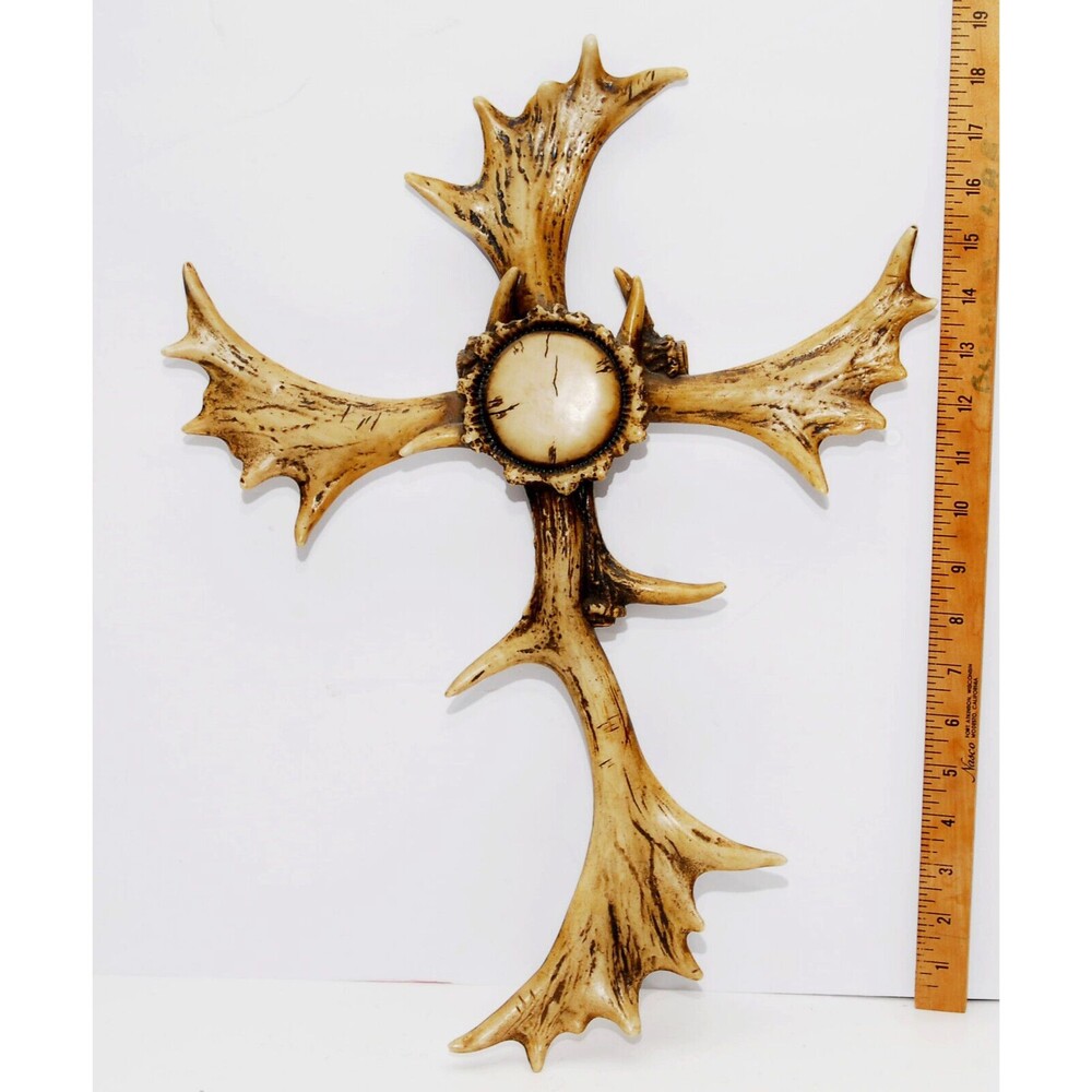 Rustic Western Stag Deer Bone Antlers Burr Center Resin Wall Cross Cabin Decor